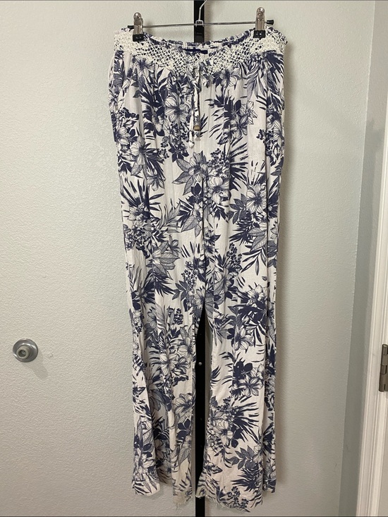 Beau Dawson Pants - Linen and Rayon Navy Floral Beachy Smocked Waist Wide-Leg pants